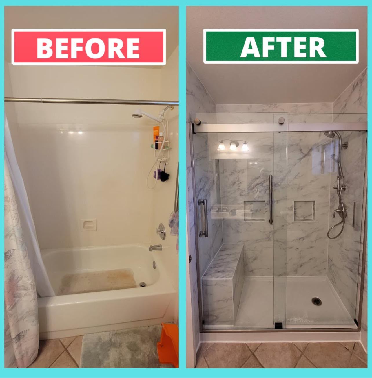 Bathroom remodel, before and after tub to walk-in shower conversion